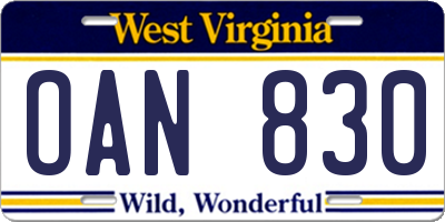 WV license plate OAN830
