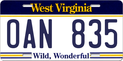 WV license plate OAN835