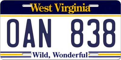 WV license plate OAN838