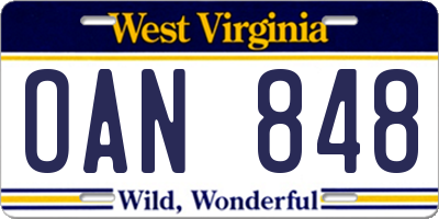 WV license plate OAN848