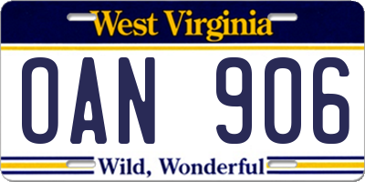 WV license plate OAN906