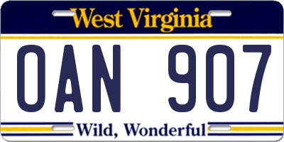 WV license plate OAN907