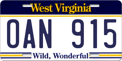 WV license plate OAN915
