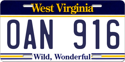 WV license plate OAN916