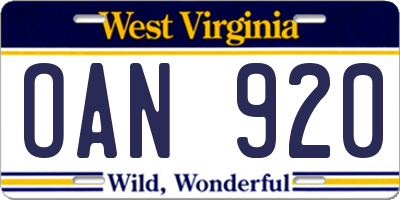 WV license plate OAN920