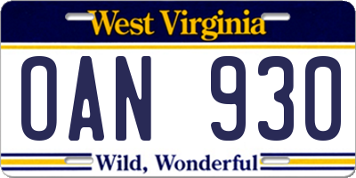 WV license plate OAN930