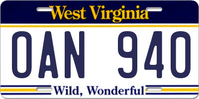WV license plate OAN940