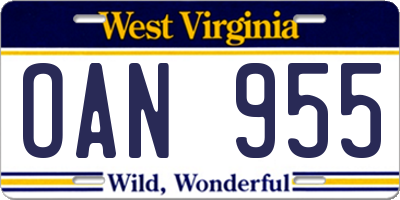 WV license plate OAN955