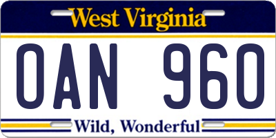 WV license plate OAN960
