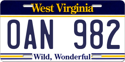 WV license plate OAN982