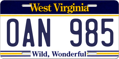 WV license plate OAN985