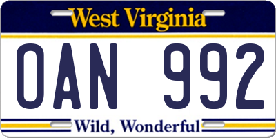 WV license plate OAN992