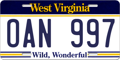 WV license plate OAN997