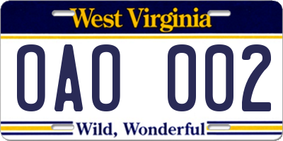 WV license plate OAO002
