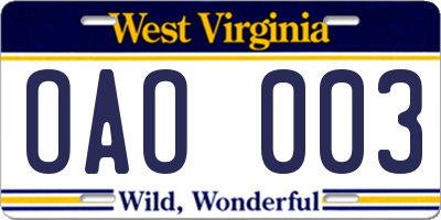 WV license plate OAO003
