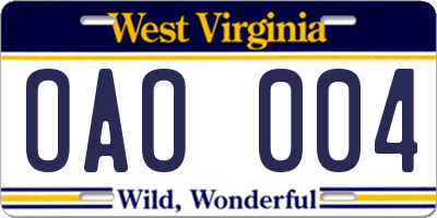 WV license plate OAO004
