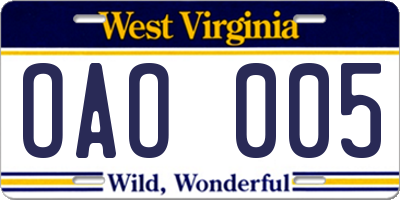 WV license plate OAO005