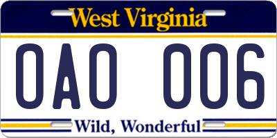 WV license plate OAO006