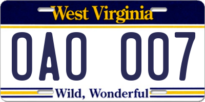 WV license plate OAO007