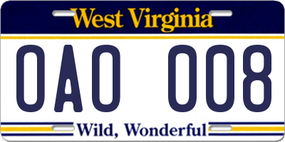 WV license plate OAO008