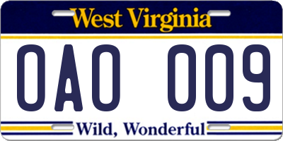 WV license plate OAO009