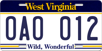 WV license plate OAO012