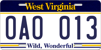 WV license plate OAO013