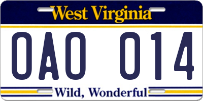 WV license plate OAO014