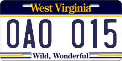 WV license plate OAO015