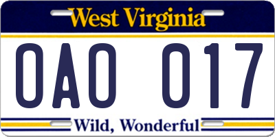 WV license plate OAO017