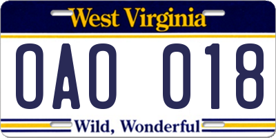 WV license plate OAO018