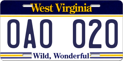 WV license plate OAO020