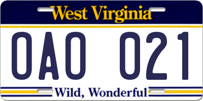 WV license plate OAO021