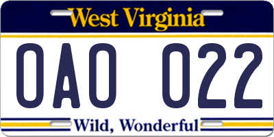 WV license plate OAO022