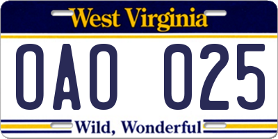 WV license plate OAO025