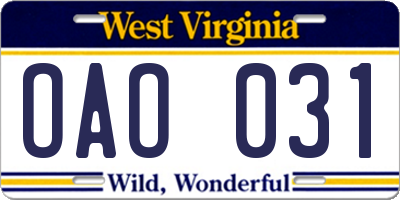 WV license plate OAO031