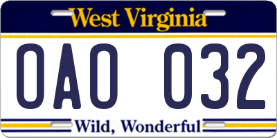 WV license plate OAO032