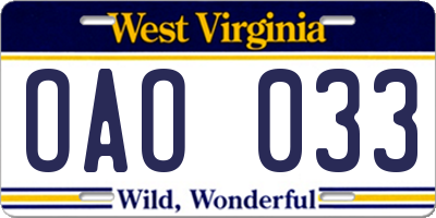 WV license plate OAO033
