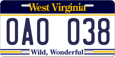 WV license plate OAO038