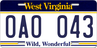 WV license plate OAO043