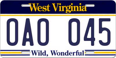 WV license plate OAO045