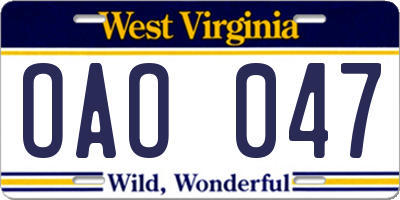 WV license plate OAO047