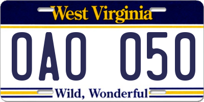 WV license plate OAO050