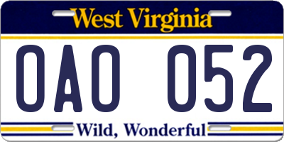 WV license plate OAO052