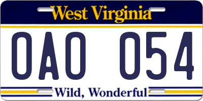WV license plate OAO054