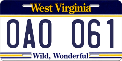 WV license plate OAO061