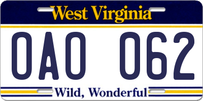 WV license plate OAO062