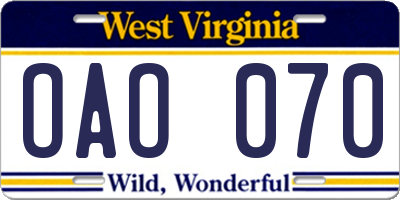WV license plate OAO070