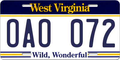 WV license plate OAO072
