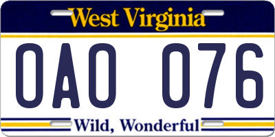WV license plate OAO076